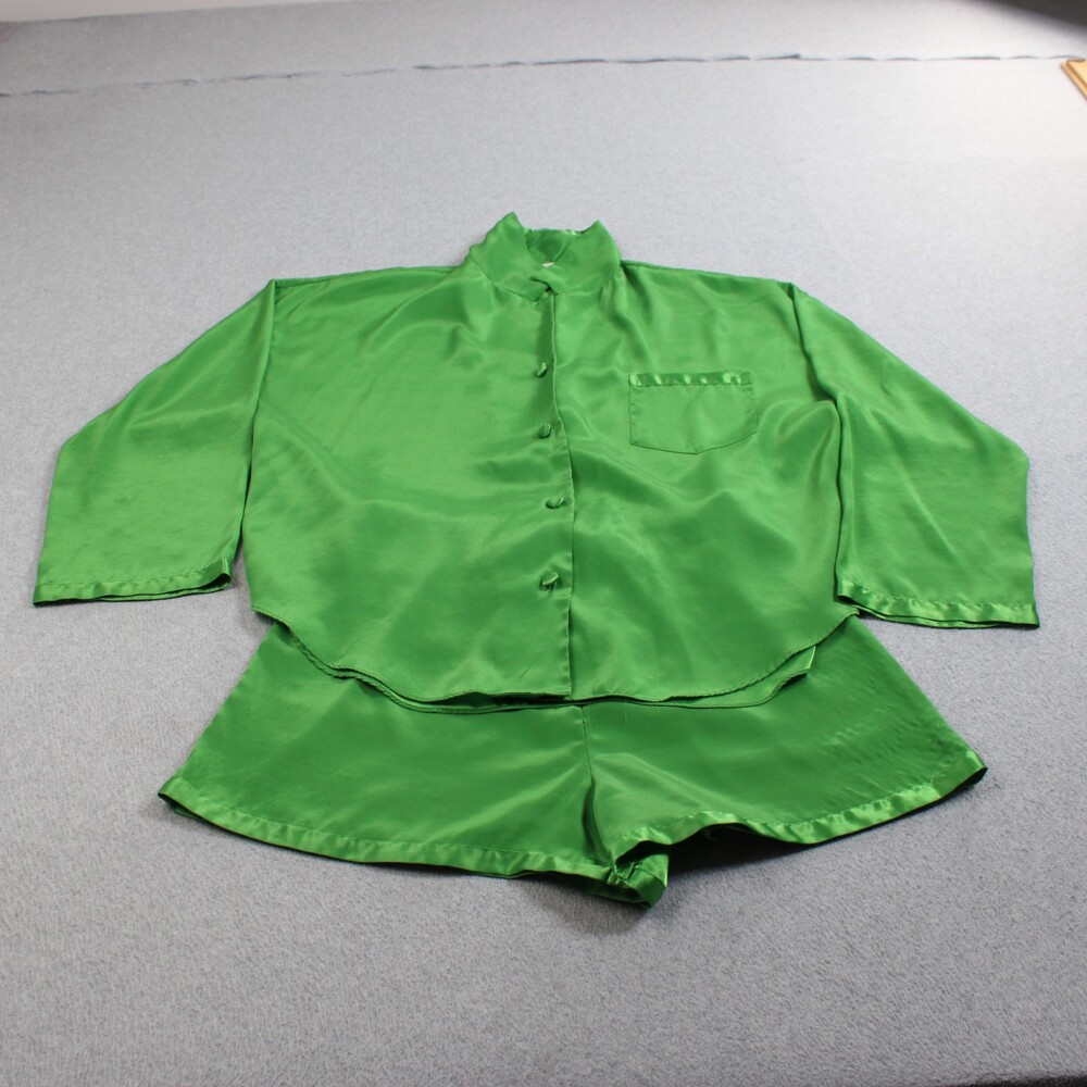 Vintage Victoria's Secret Pajama Set Womens Medium Green Satin Shorts Shirt Y2K